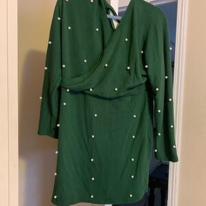 Elegant Green Long Sleeve Dress with Pearl Accents